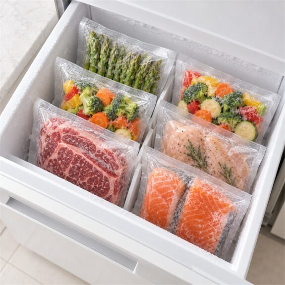 冷凍庫の引き出しに立てて収納した真空パックの肉・魚・野菜