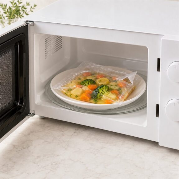 袋の口を少し開けて電子レンジで温め直す真空パックのスープ